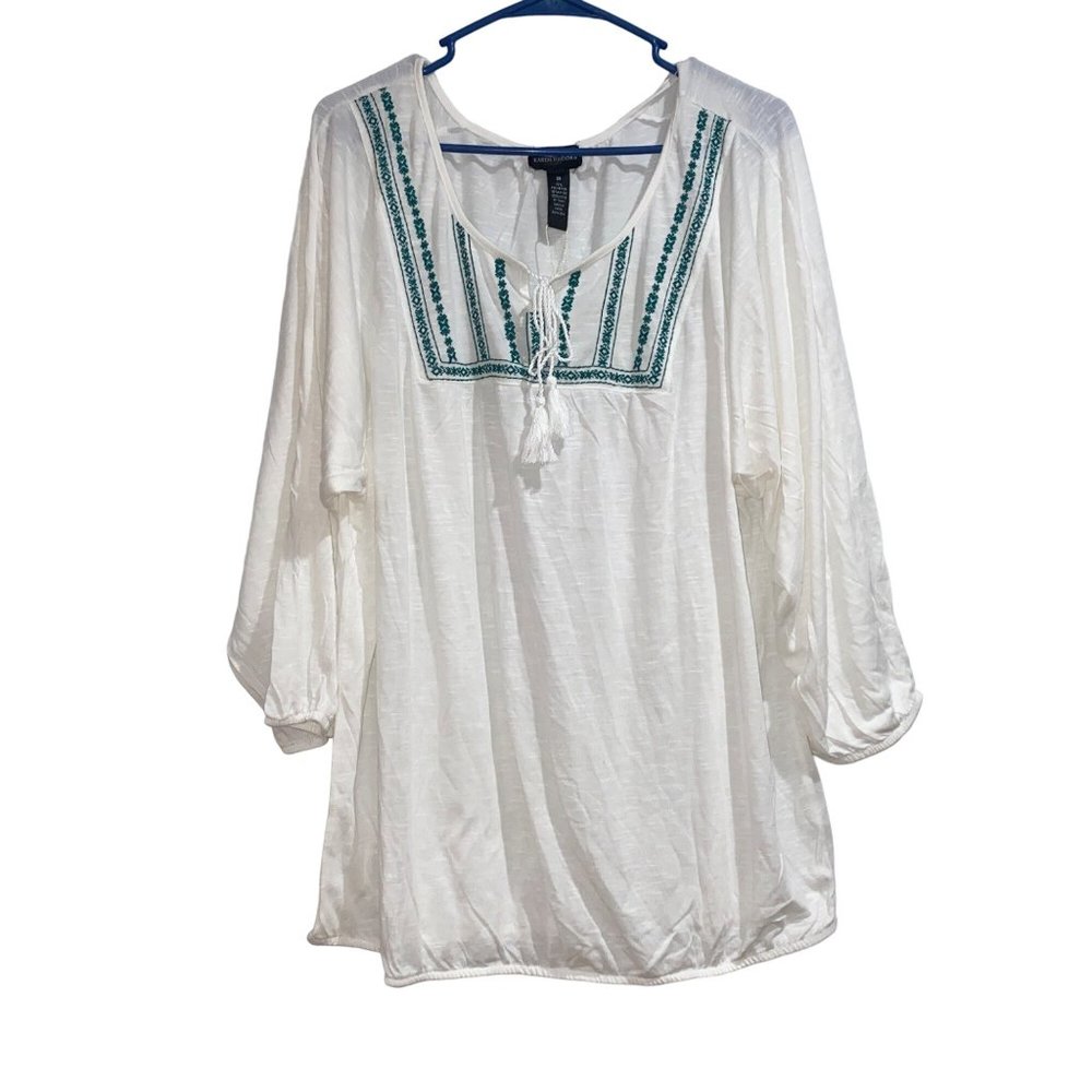 Karen Brooks White Long Sleeve Blouse Size 2X Womens Plus Pink Embroidered Green